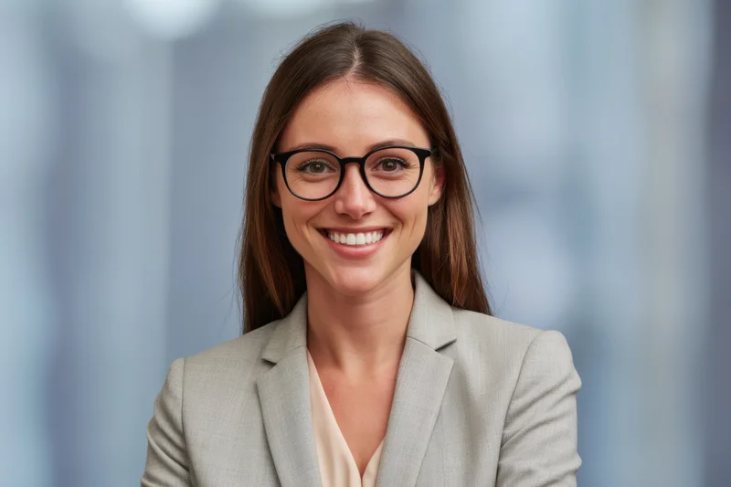 Smiling professional woman in beige blazer and black glasses posing for portrait in office setting