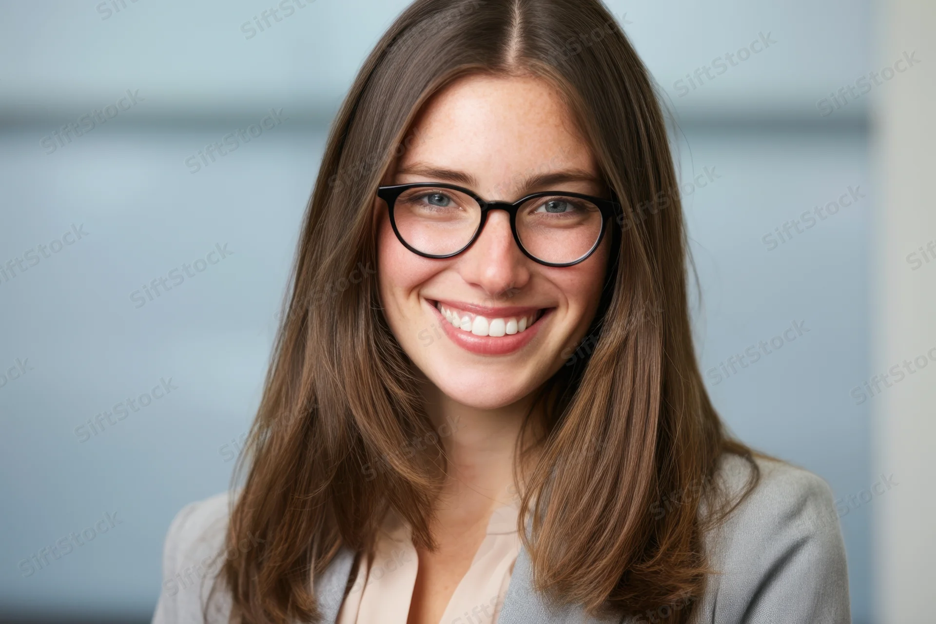 Smiling professional woman with long brown hair and black glasses in a business setting