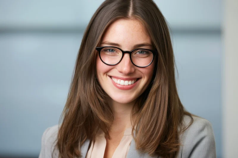 Smiling professional woman with long brown hair and black glasses in a business setting