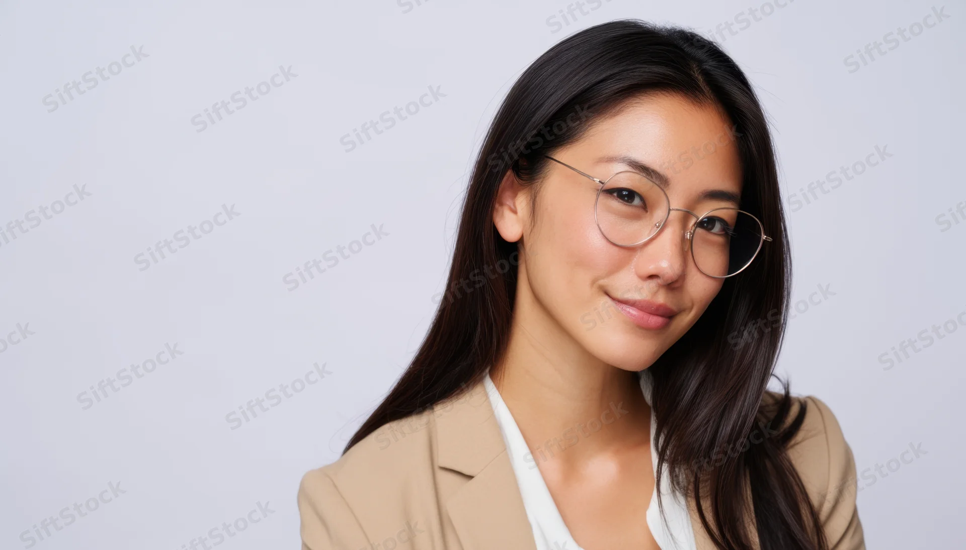 Young asian woman in beige blazer and round glasses smiling in studio portrait with copyspace
