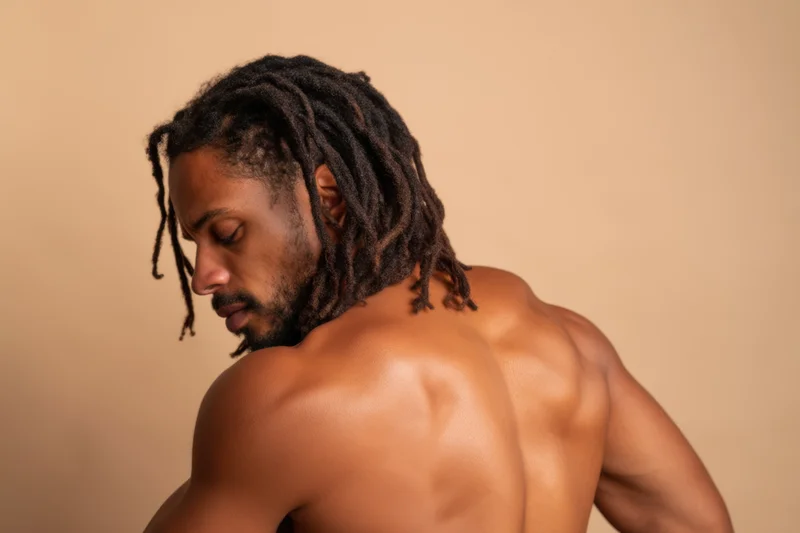 Shirtless black man with medium-length dreadlocks showing muscular back in studio setting
