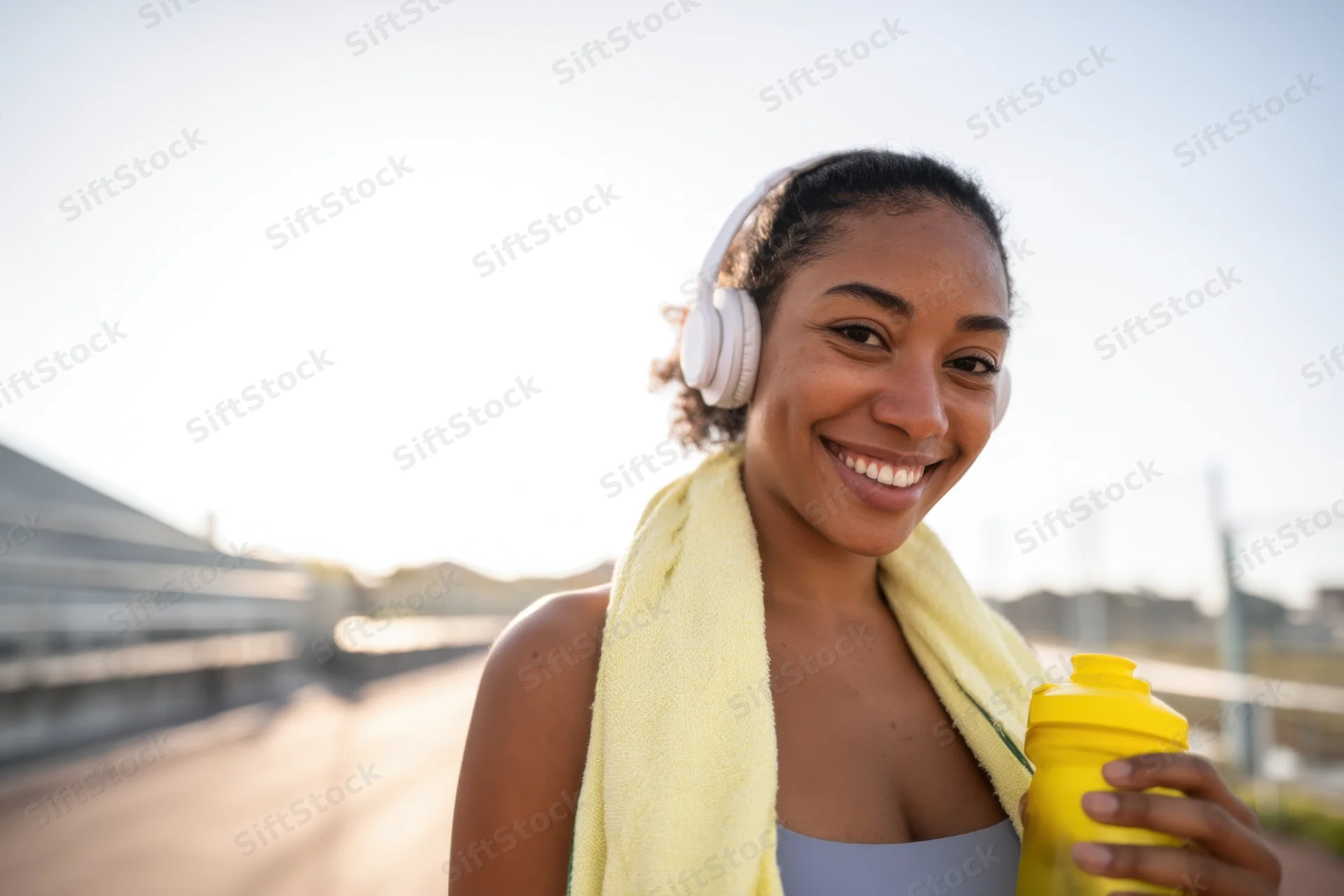 Smiling black woman in athletic wear holding water bottle with towel around neck after workout outdoors