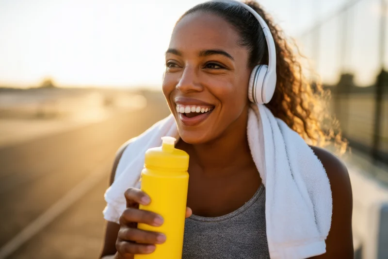 Smiling black woman holding yellow water bottle after workout on outdoor track