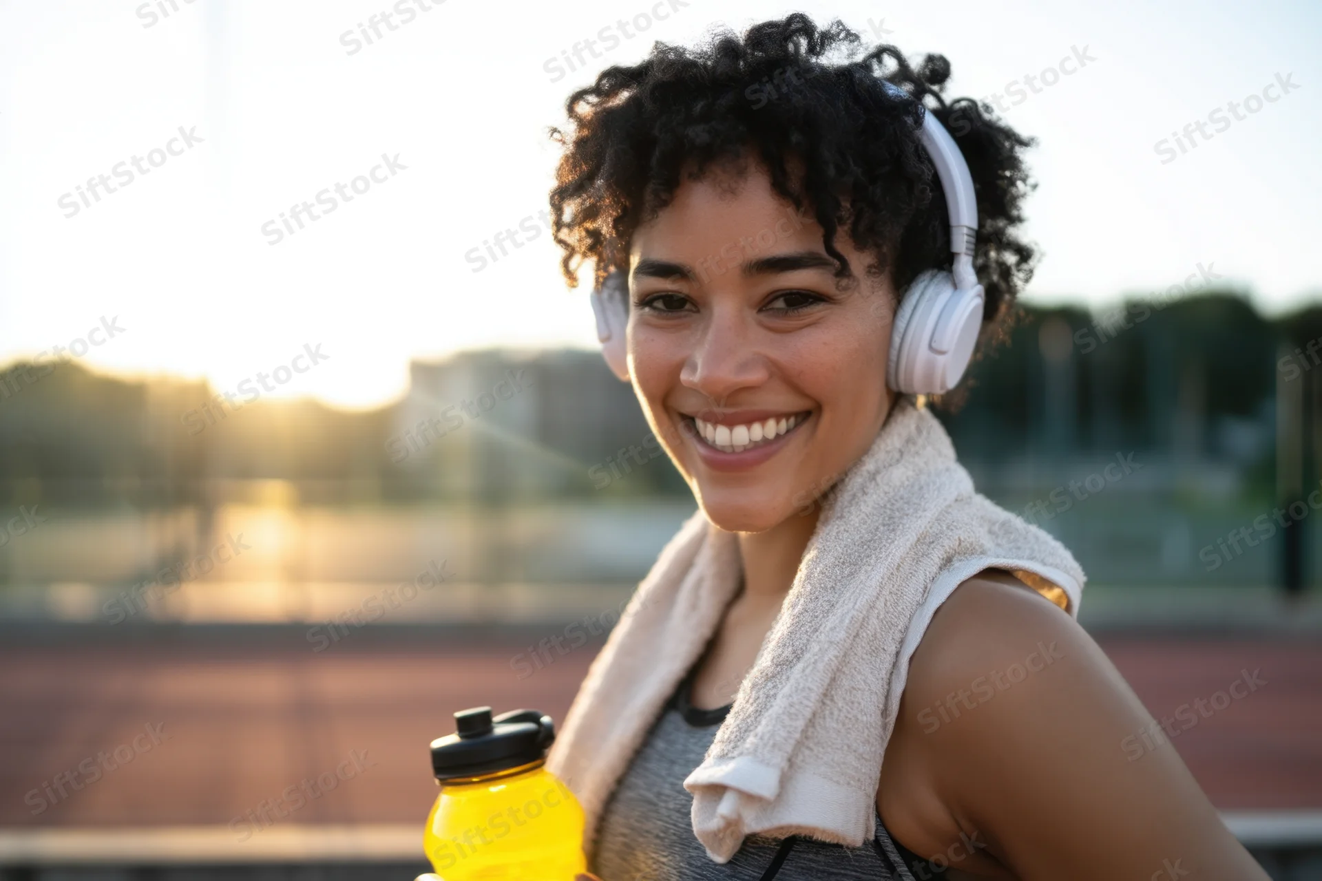 Smiling black woman in athletic wear with headphones and towel after workout on outdoor track at sunset