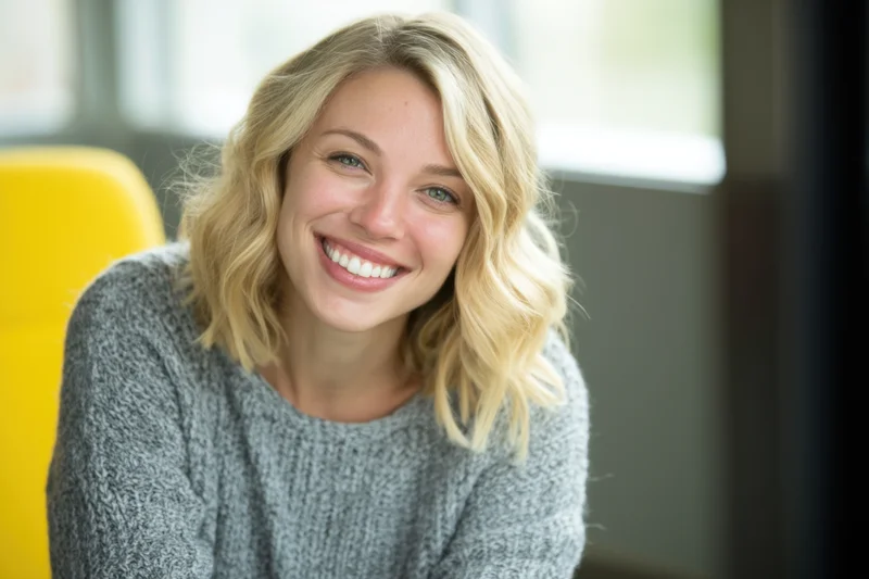 Smiling blonde woman in gray knit sweater sitting indoors near yellow chair