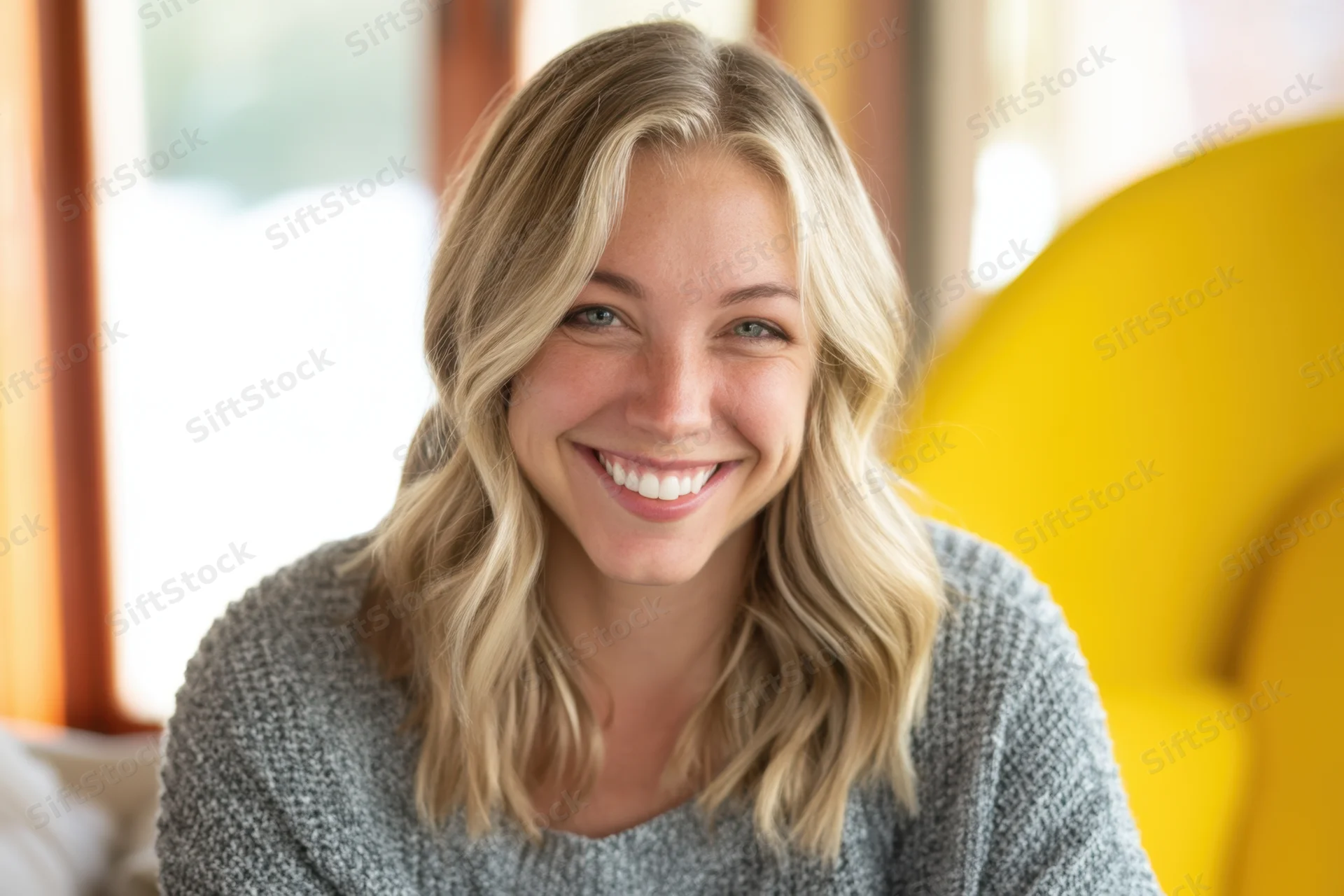 Smiling blonde woman with wavy hair wearing gray knit sweater indoors near yellow couch