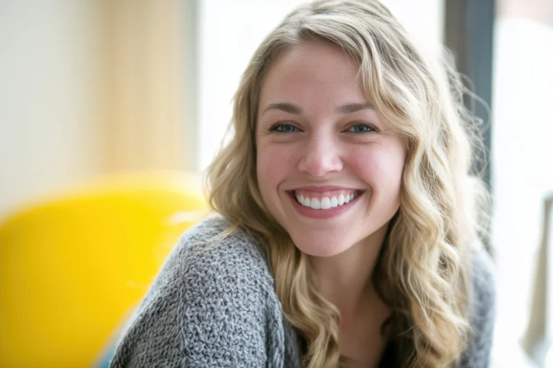 Smiling blonde woman in gray knit sweater looking at camera indoors