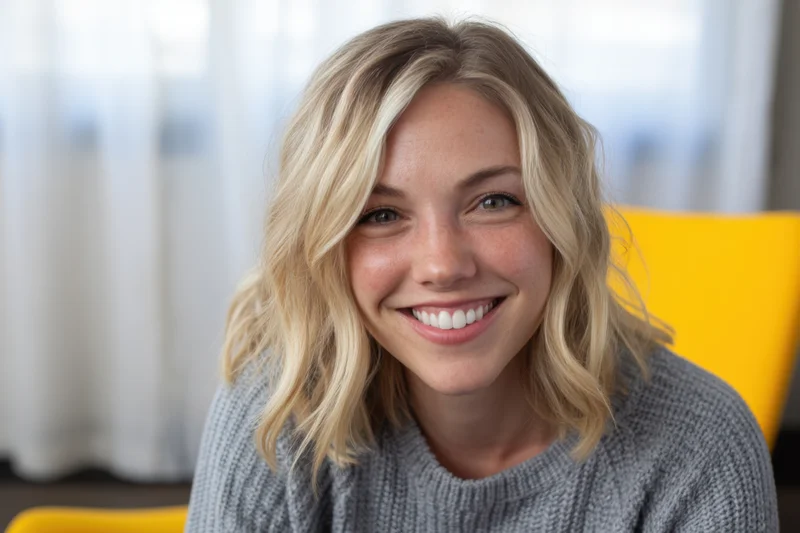 Smiling blonde woman in gray knit sweater sitting indoors near yellow chair