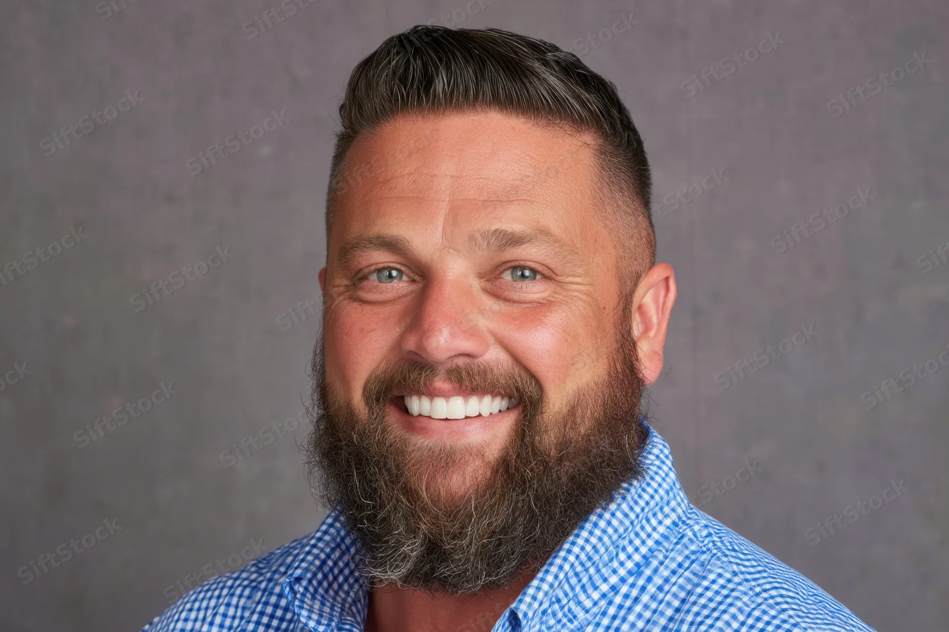 Smiling man with full beard and styled hair in blue checkered shirt against gray background