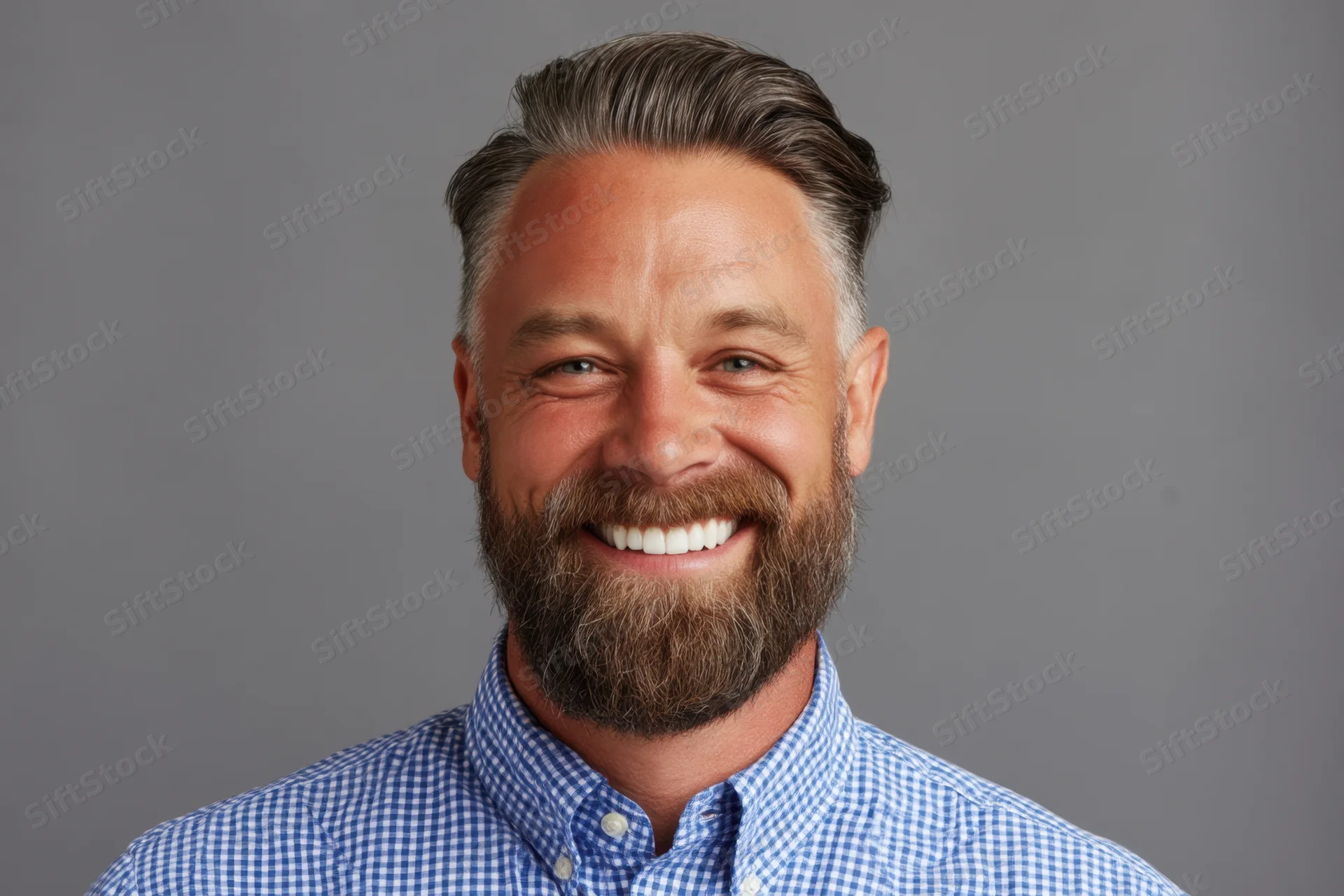 Smiling man with full beard and styled hair in blue checkered shirt against gray background