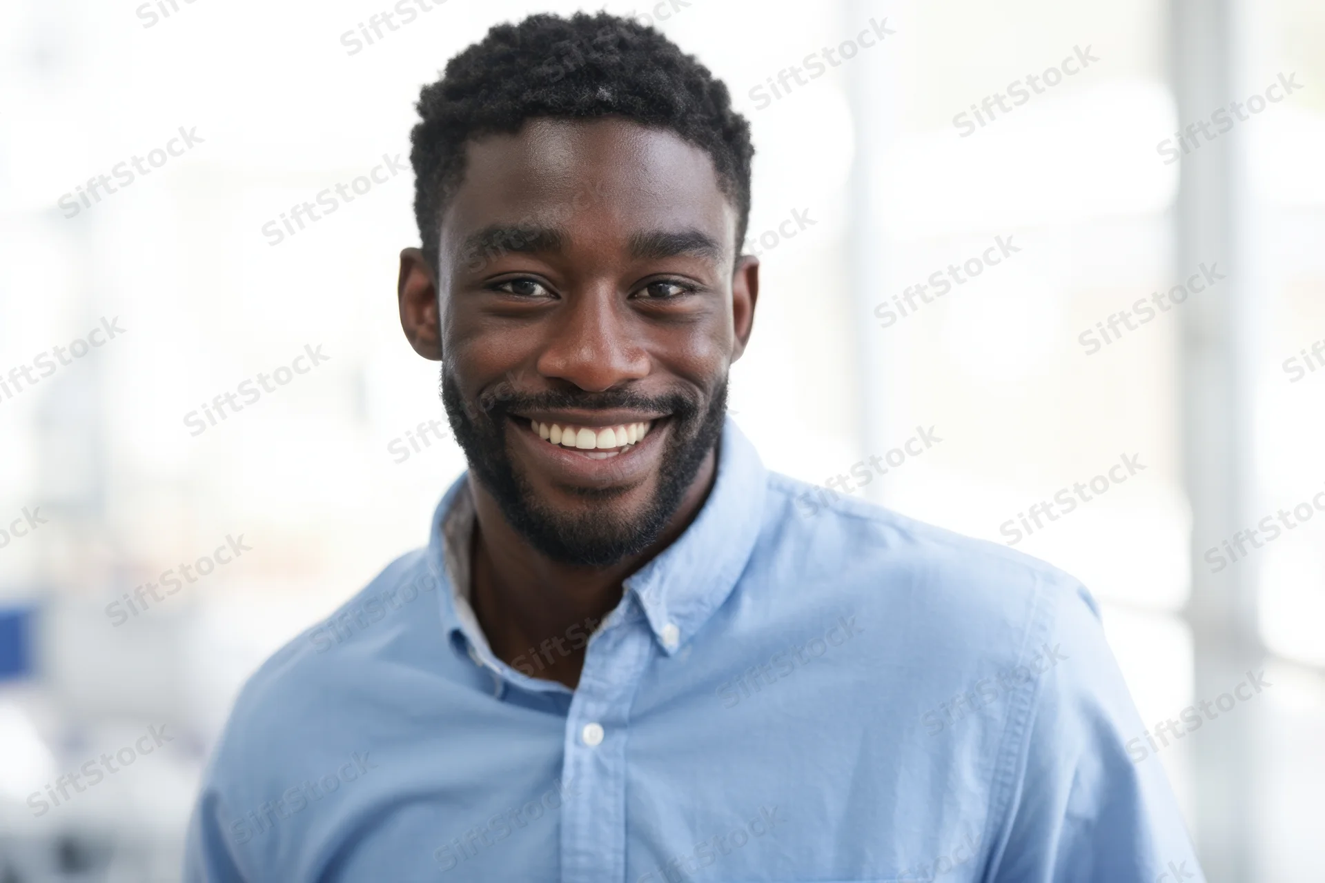 Smiling black man in light blue button-down shirt in office setting