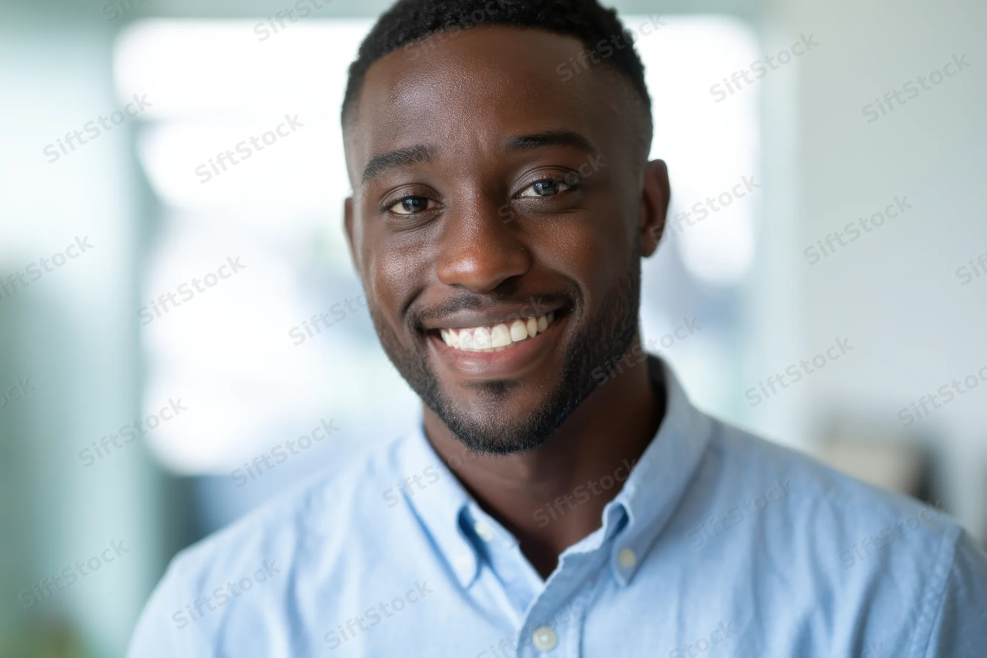 Smiling black man in light blue button-down shirt in bright office interior