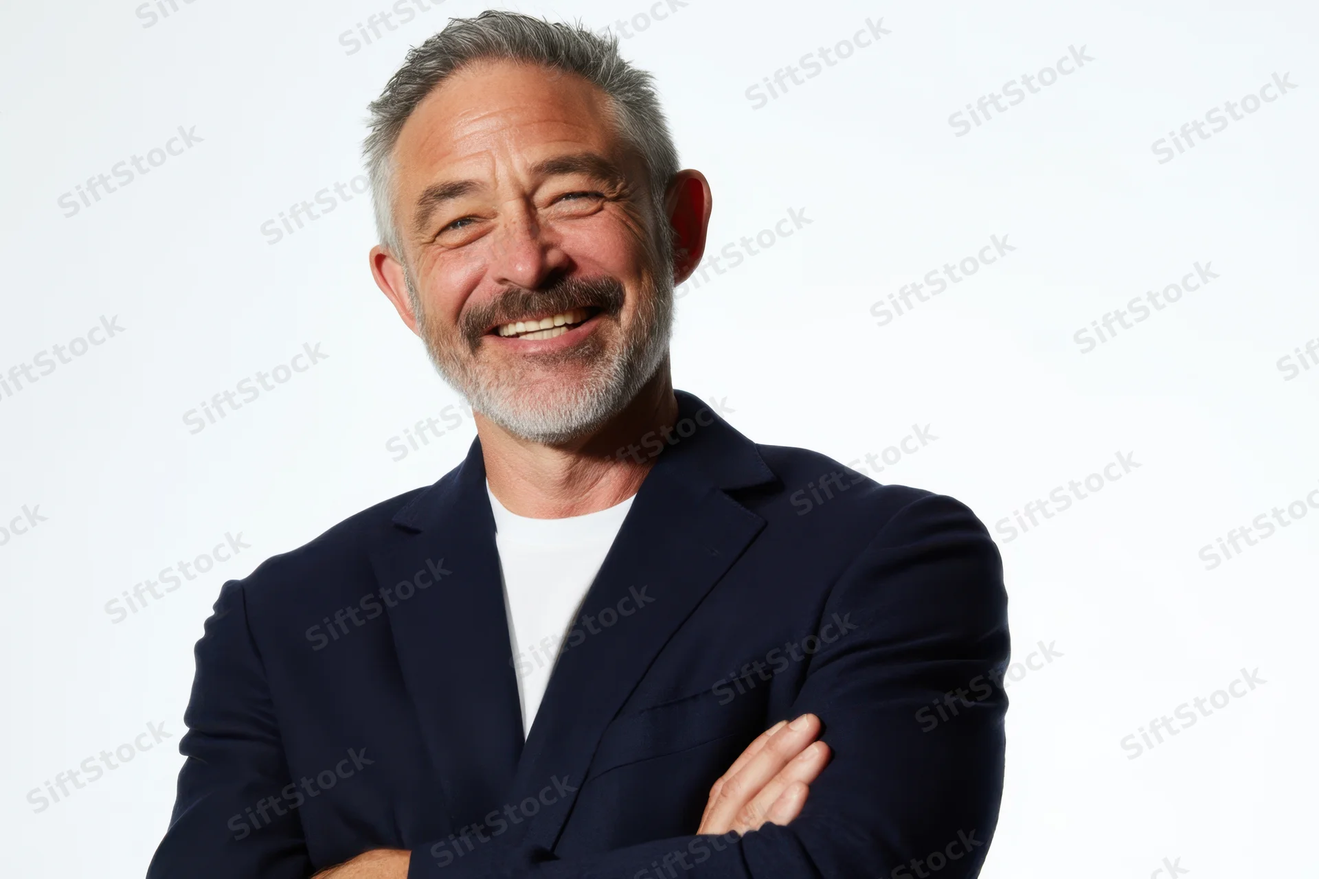 Smiling middleaged man in navy suit with arms crossed against white background