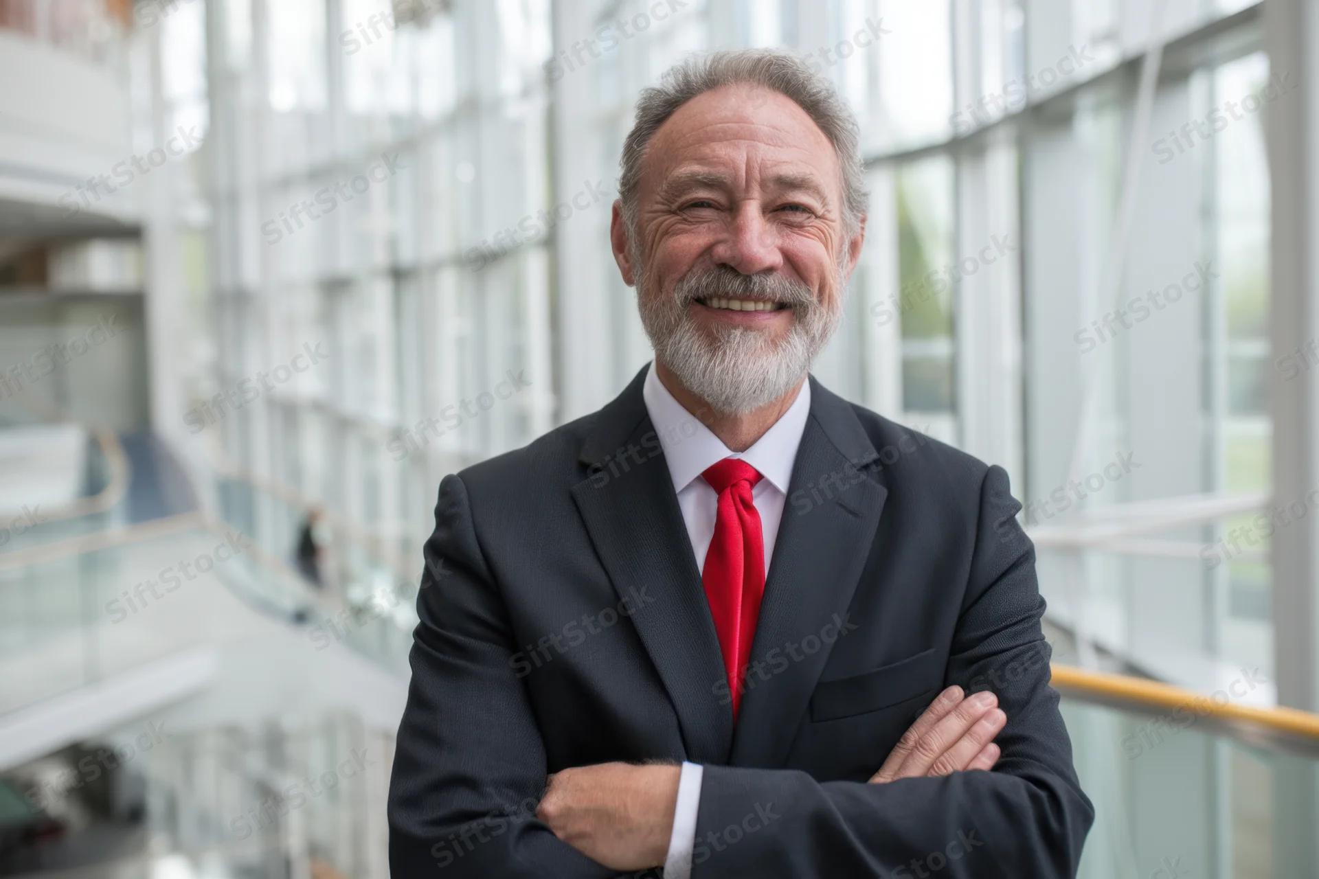 Smiling middle-aged businessman in dark suit with red tie standing in modern office hallway with arms crossed