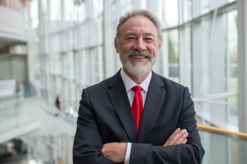 Smiling middle-aged businessman in dark suit with red tie standing in modern office hallway with arms crossed