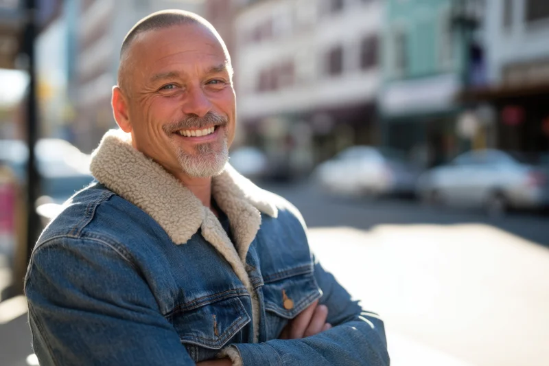 Smiling middle-aged man with shaved head and gray goatee wearing denim jacket with shearling collar, arms crossed, standing on city street