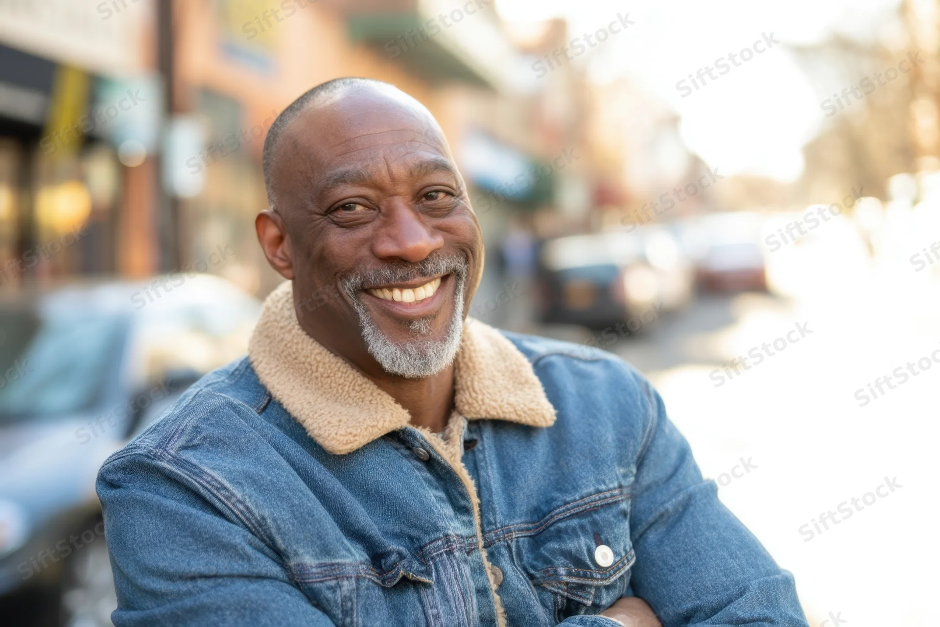 Smiling middle-aged african american man in denim jacket with shearling collar on city street