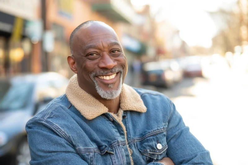 Smiling middle-aged african american man in denim jacket with shearling collar on city street