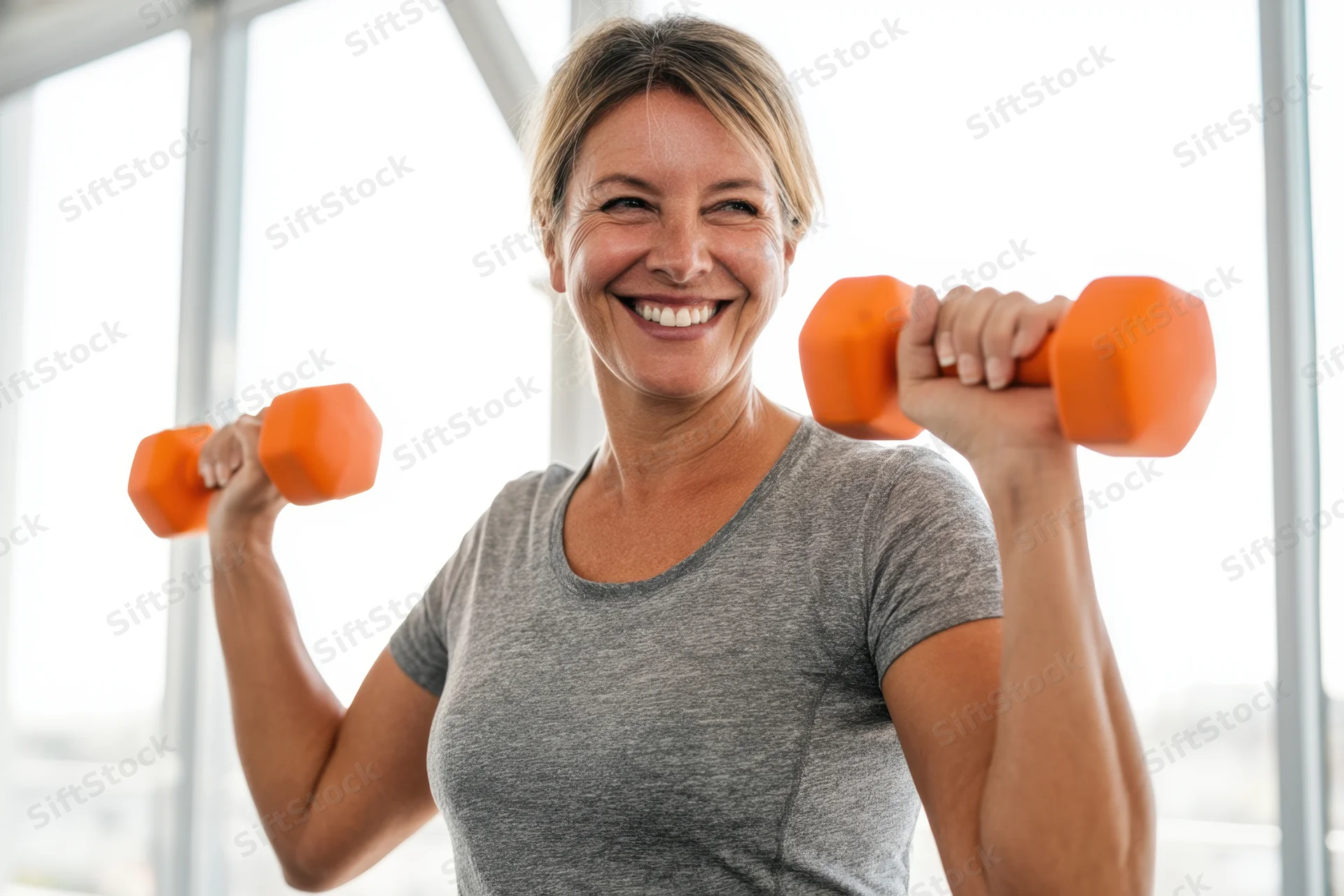 Smiling middle-aged woman lifting orange dumbbells in a bright indoor space