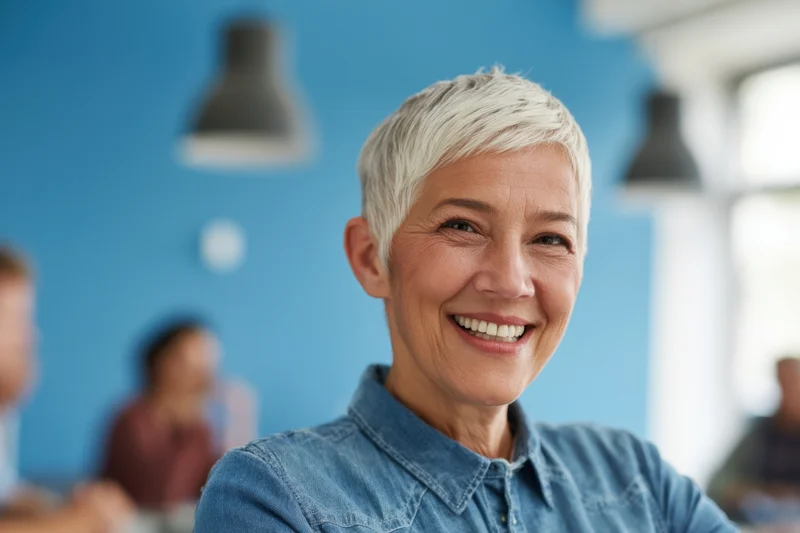 Smiling senior woman with short silver hair in denim shirt at office meeting