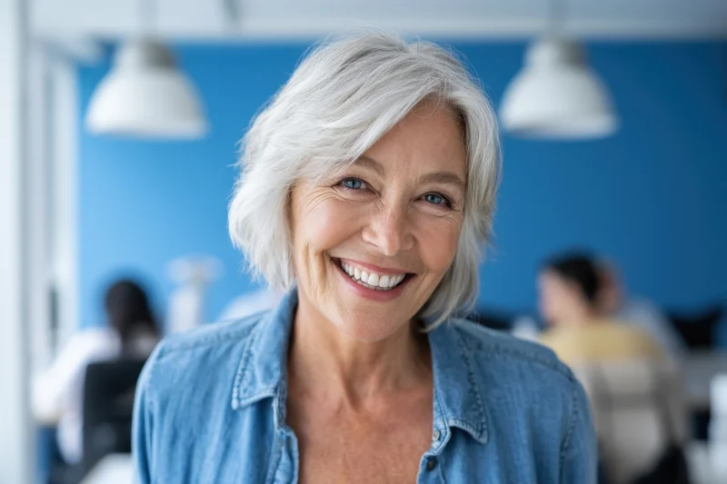 Smiling senior woman in denim shirt at office workplace