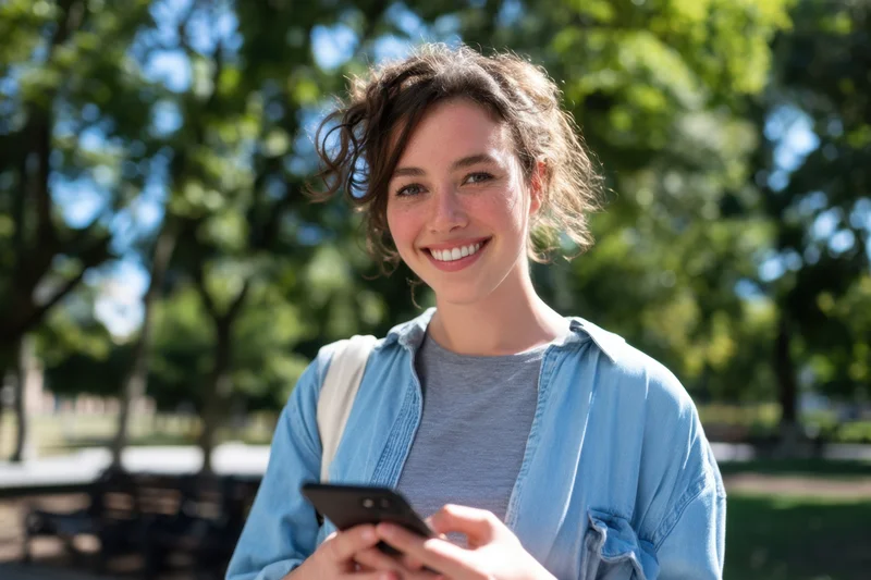 Smiling woman holding smartphone in a park with trees and greenery in the background