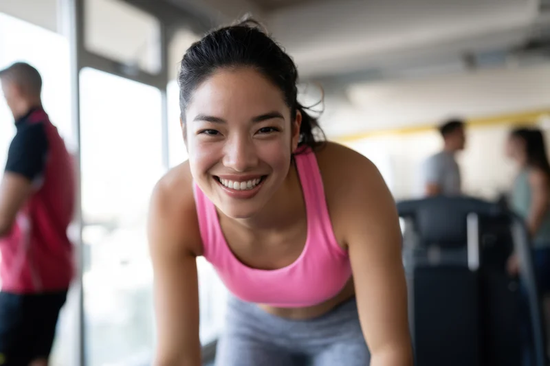 Smiling woman in pink sports bra and gray leggings leaning forward during workout in gym