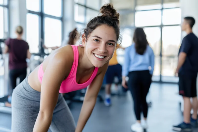 Woman smiling during workout in gym with group exercising in background