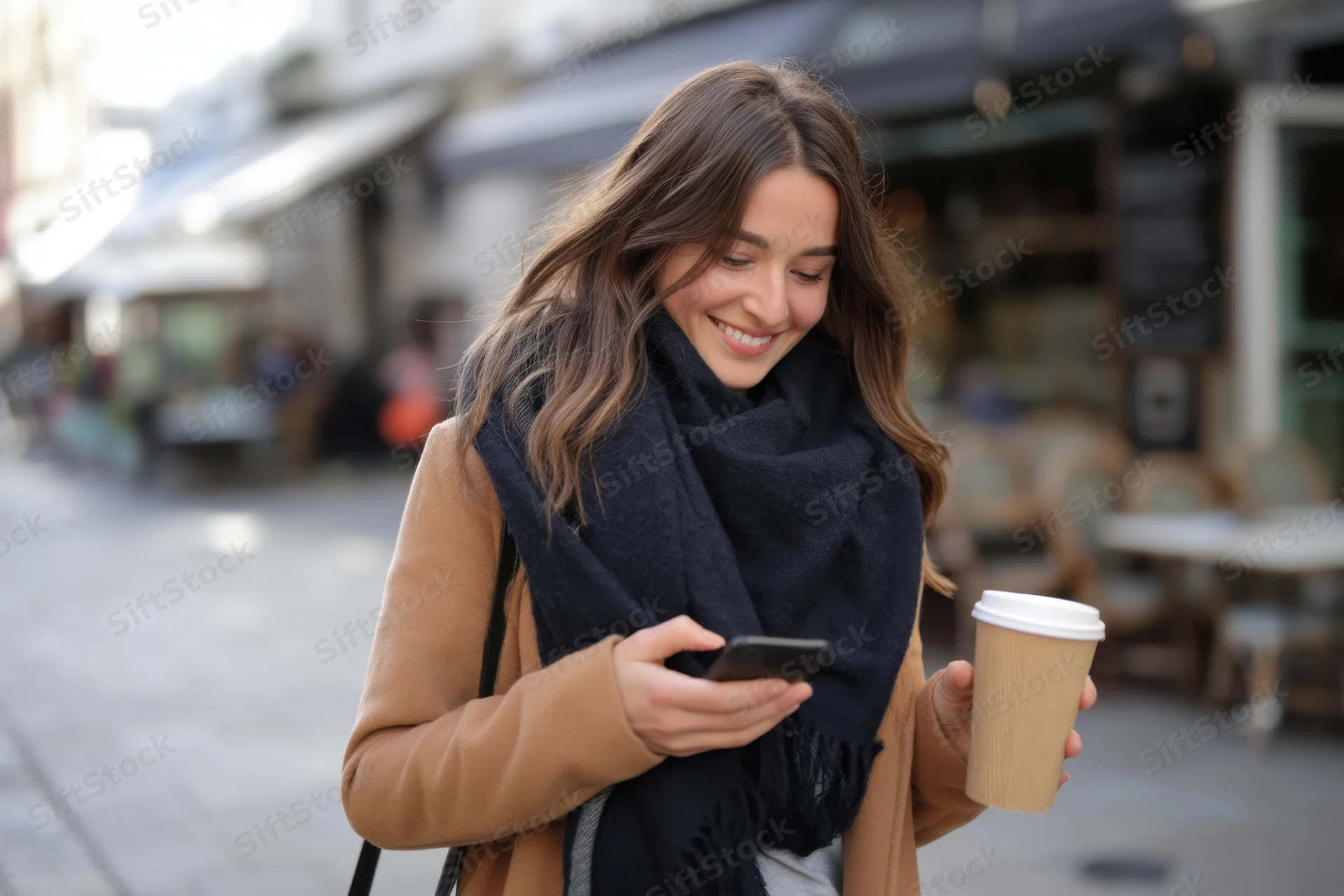 Smiling woman walking down city street holding coffee cup and smartphone