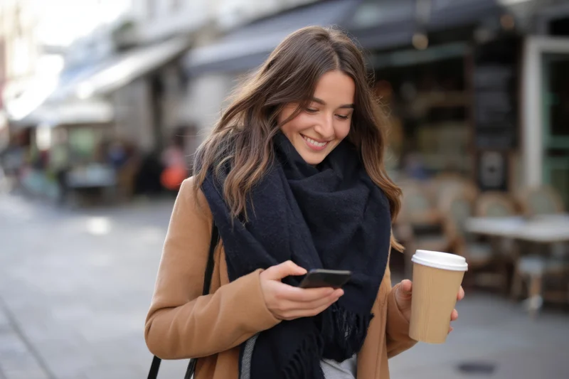 Smiling woman walking down city street holding coffee cup and smartphone