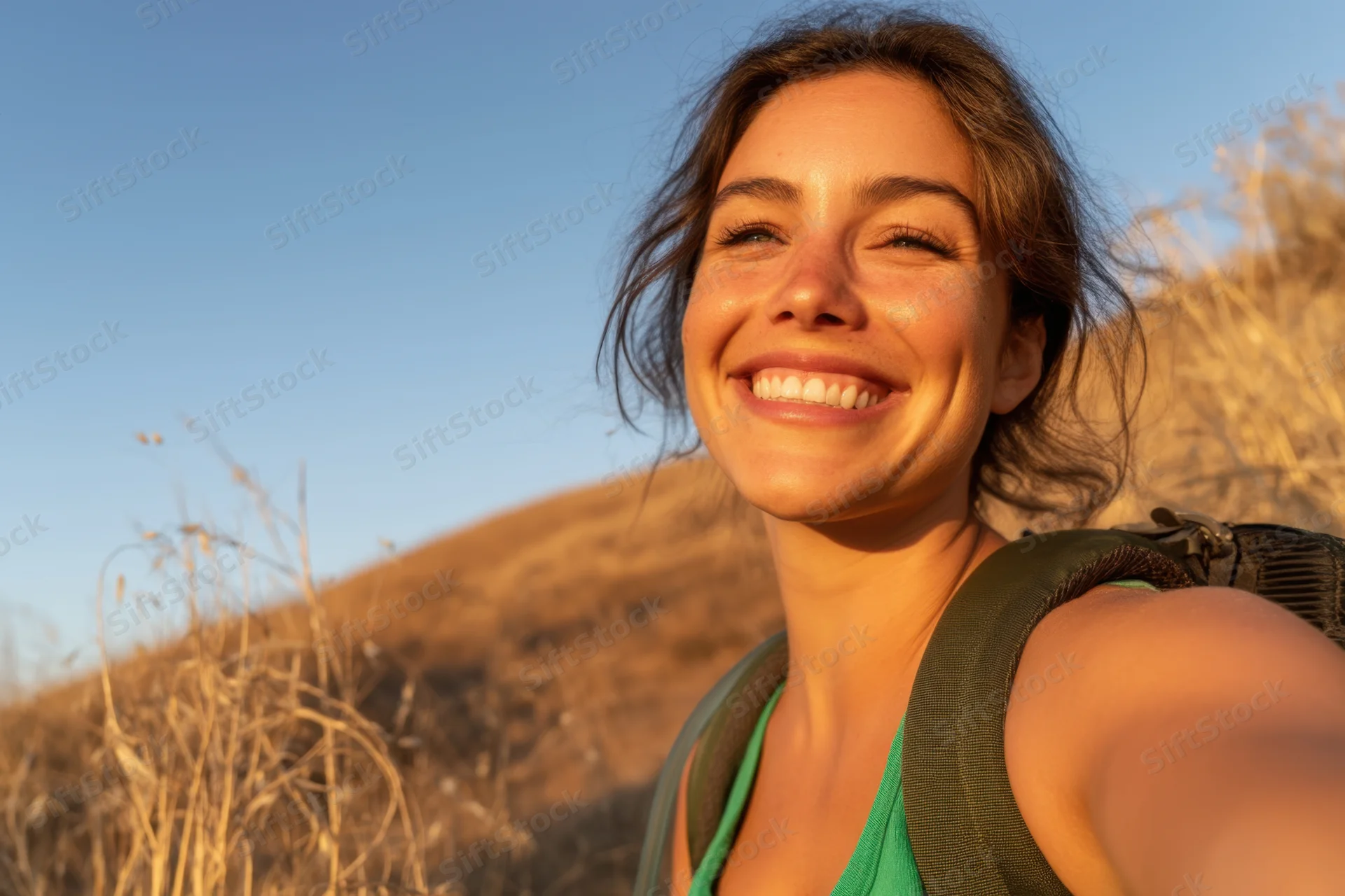 Woman smiling while hiking outdoors during golden hour with backpack on a dry hillside