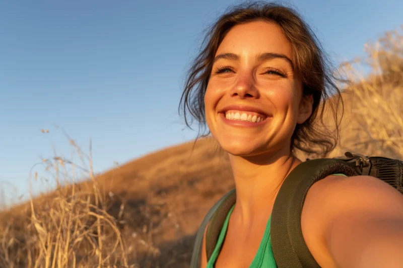 Woman smiling while hiking outdoors during golden hour with backpack on a dry hillside