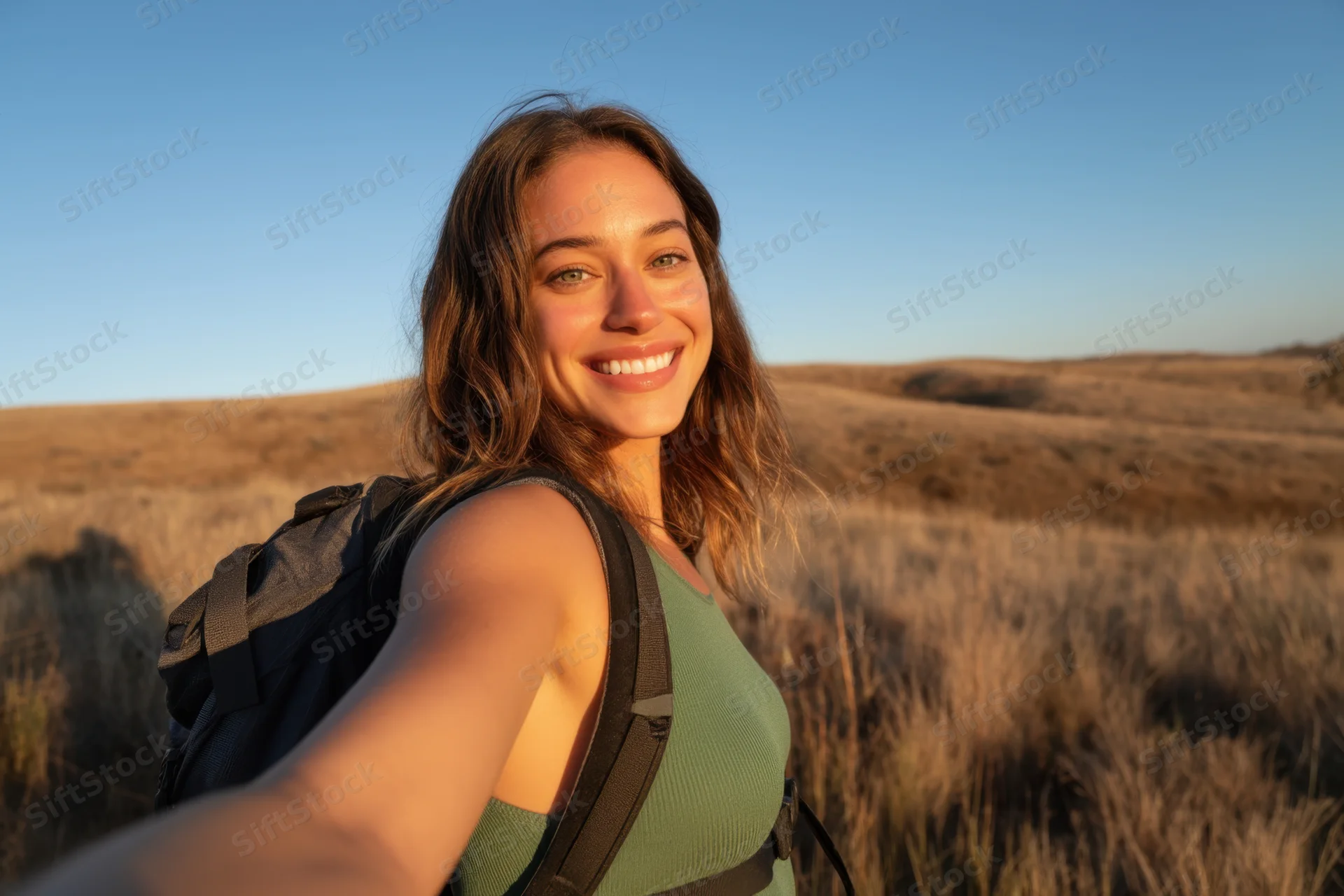 Woman smiling while hiking in a grassy field during golden hour