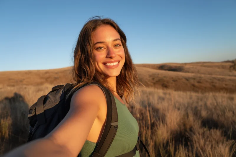 Woman smiling while hiking in a grassy field during golden hour