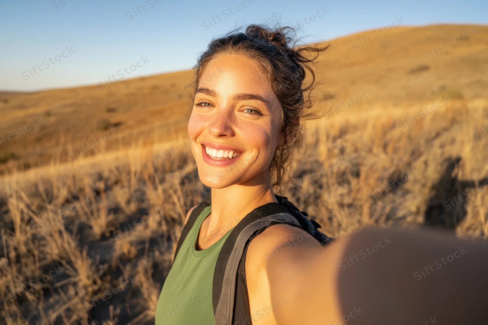 Woman smiling while taking a selfie outdoors in a dry grassy field during golden hour