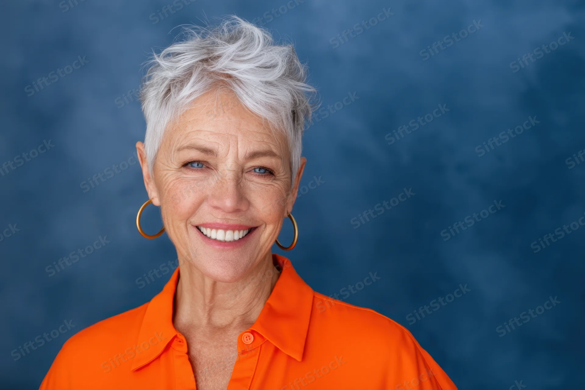 Smiling senior woman with short silver hair wearing orange shirt against blue background