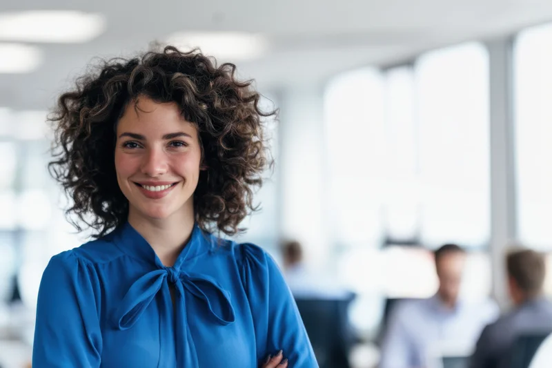 Smiling woman with curly hair in blue blouse standing in office with arms crossed