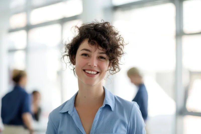 Smiling woman in blue blouse standing in bright modern office with colleagues in background