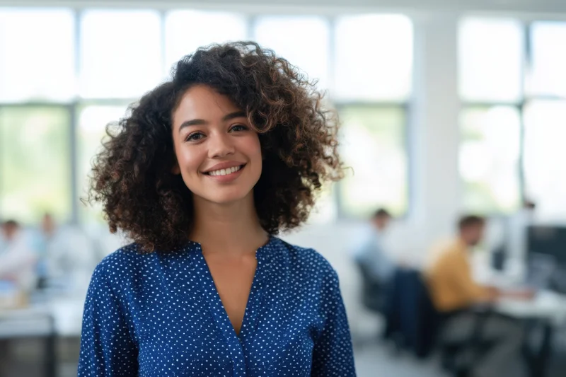 Smiling woman with curly hair in blue polka dot blouse standing in modern office with colleagues at desks in background