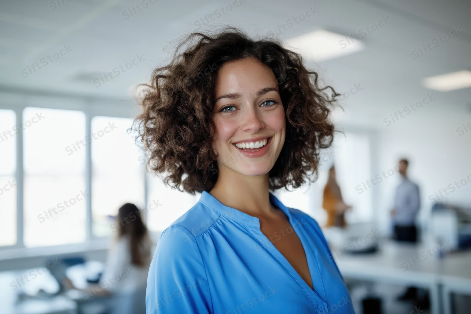 Smiling woman in blue blouse standing in modern office space