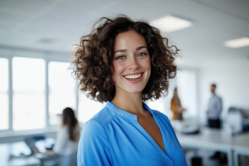 Smiling woman in blue blouse standing in modern office space