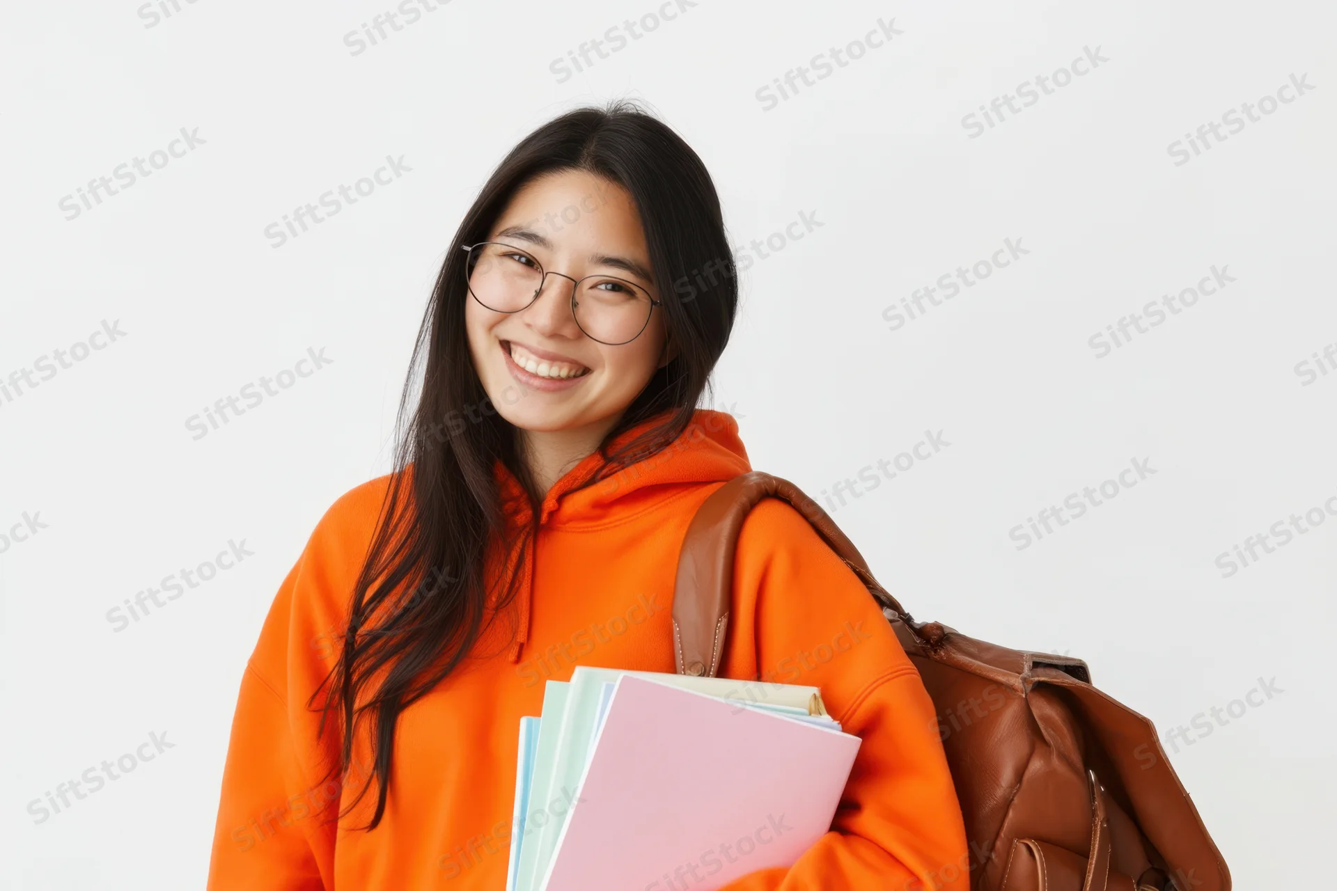 Smiling asian woman student wearing orange hoodie and glasses holding books with backpack on white background