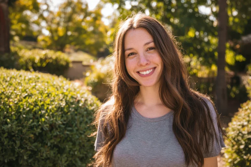 Smiling woman with long brown hair wearing a gray t-shirt in a sunlit garden