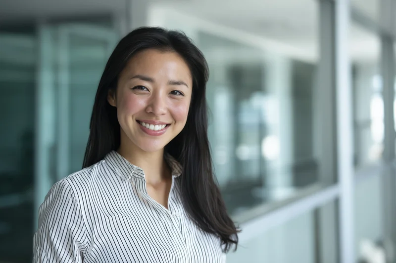 Smiling asian woman in white striped shirt standing in modern office interior