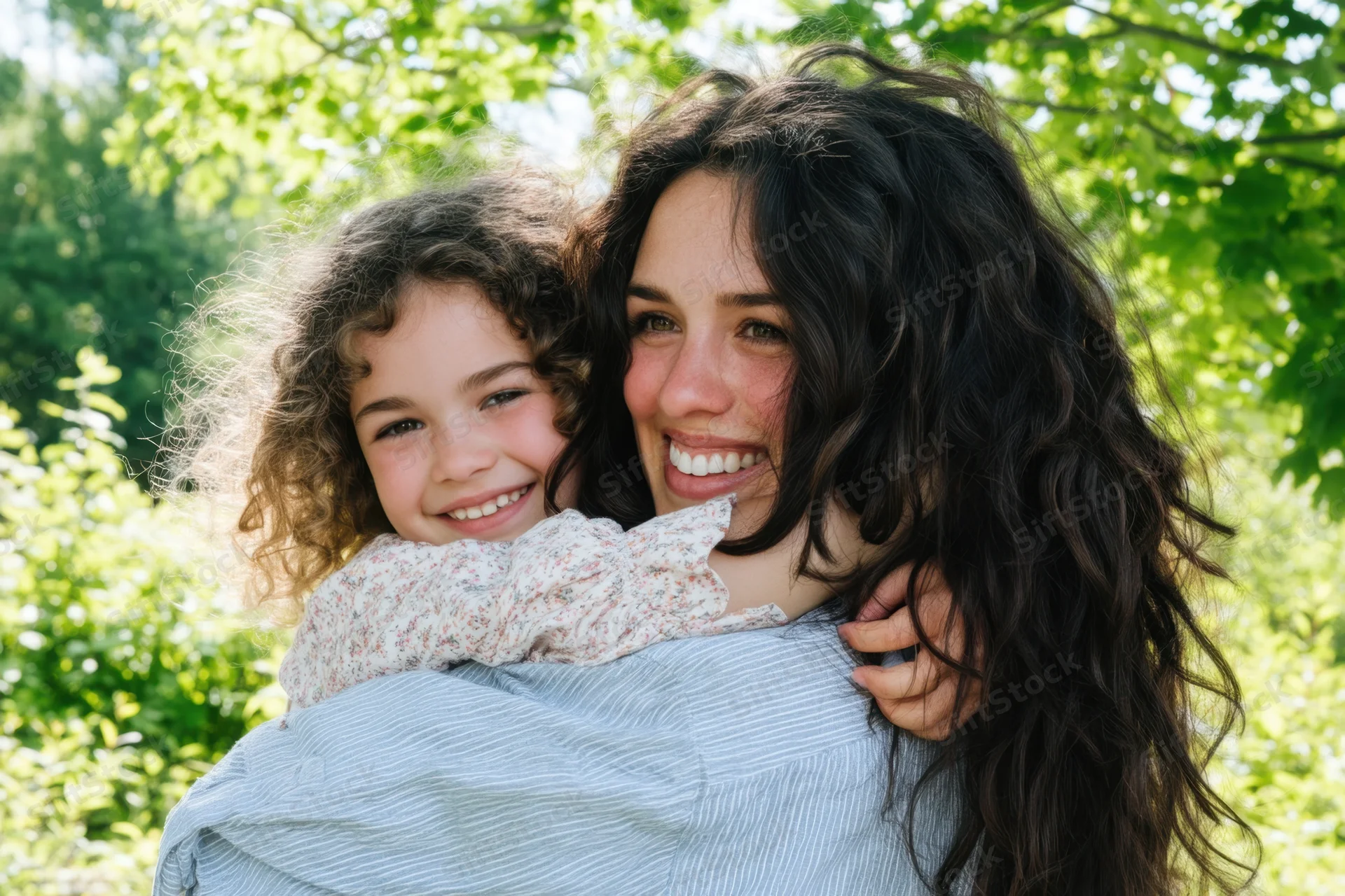 Woman hugging child in a sunlit garden with green foliage behind them