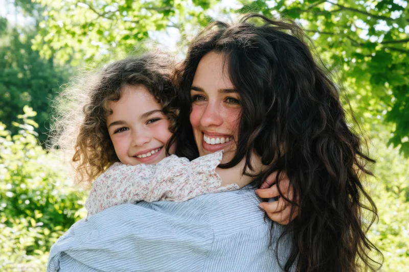 Woman hugging child in a sunlit garden with green foliage behind them