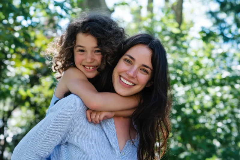 Woman carrying child on her back, both smiling, in a sunlit park surrounded by green trees