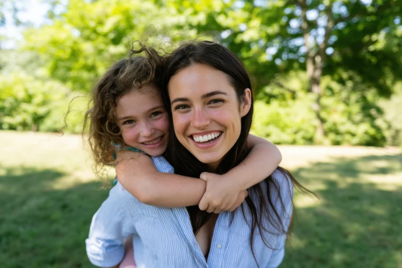 Woman carrying daughter on back in a sunny park