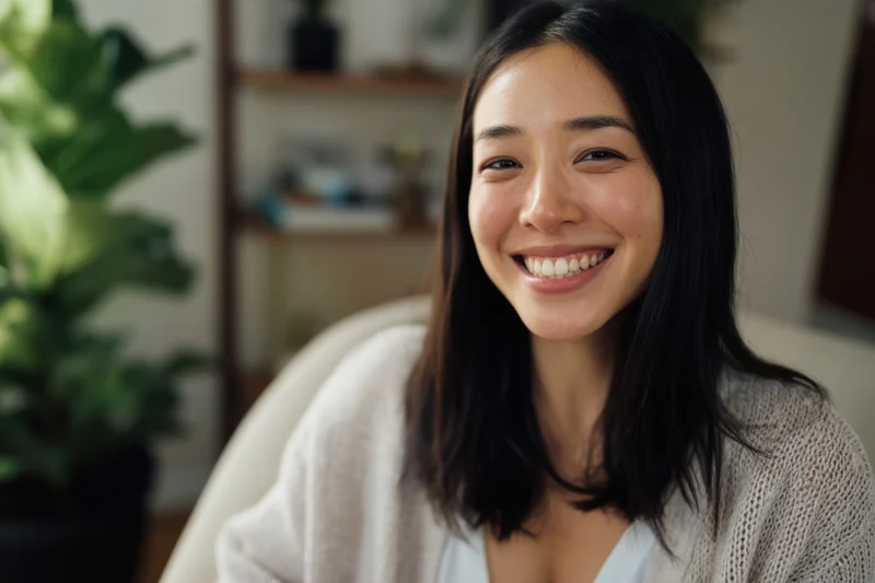 Smiling young asian woman in light knit sweater sitting indoors with plants and shelves in background