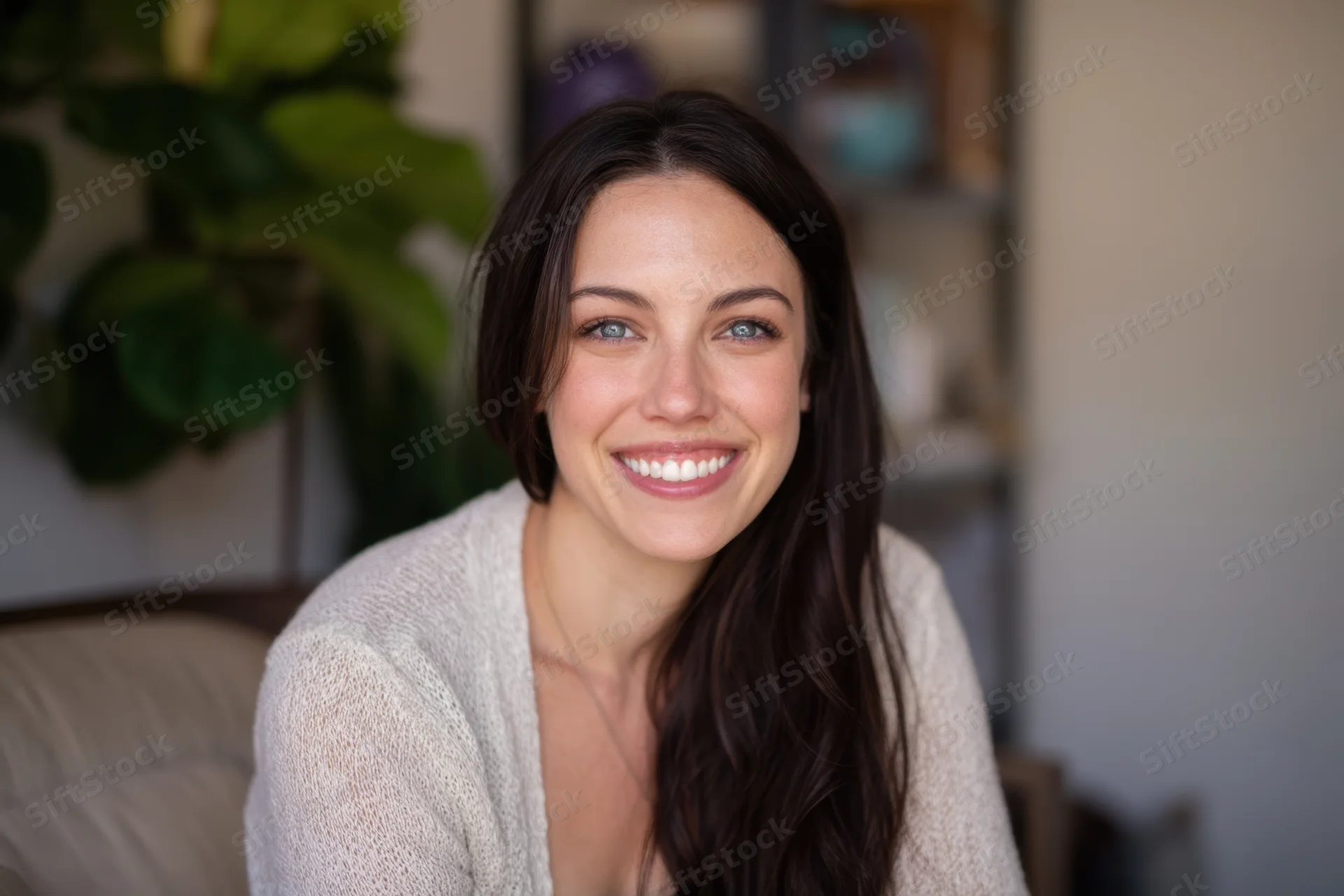 Smiling woman with long dark hair wearing a light knit sweater indoors